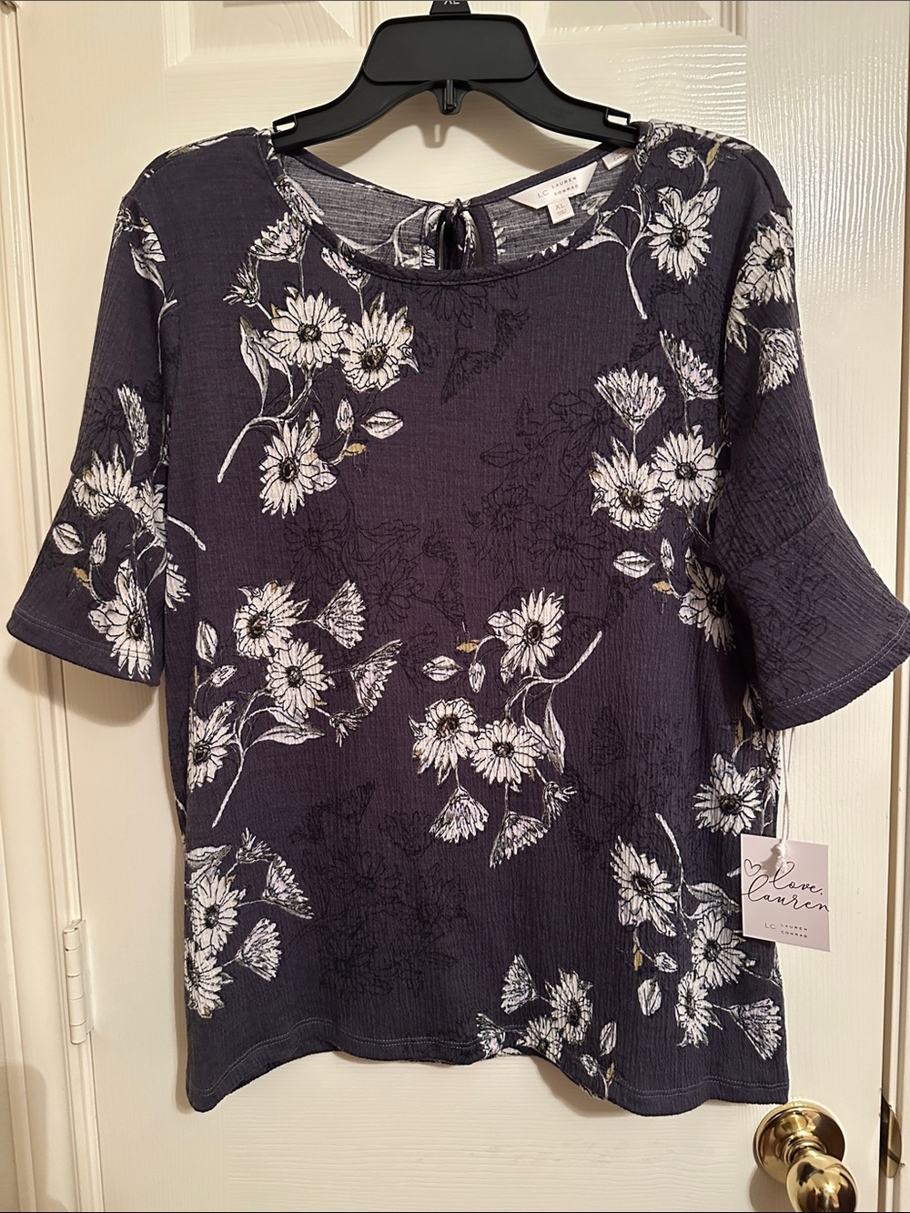 LC Lauren Conrad Villian Violet Floral Short Sleeve Blouse with Back Tie